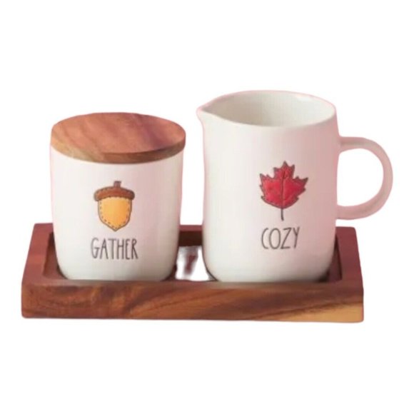 Rae Dunn Set of Ceramic Sugar and Creamer on Wood Tray Autumn Acorn Leaf NEW